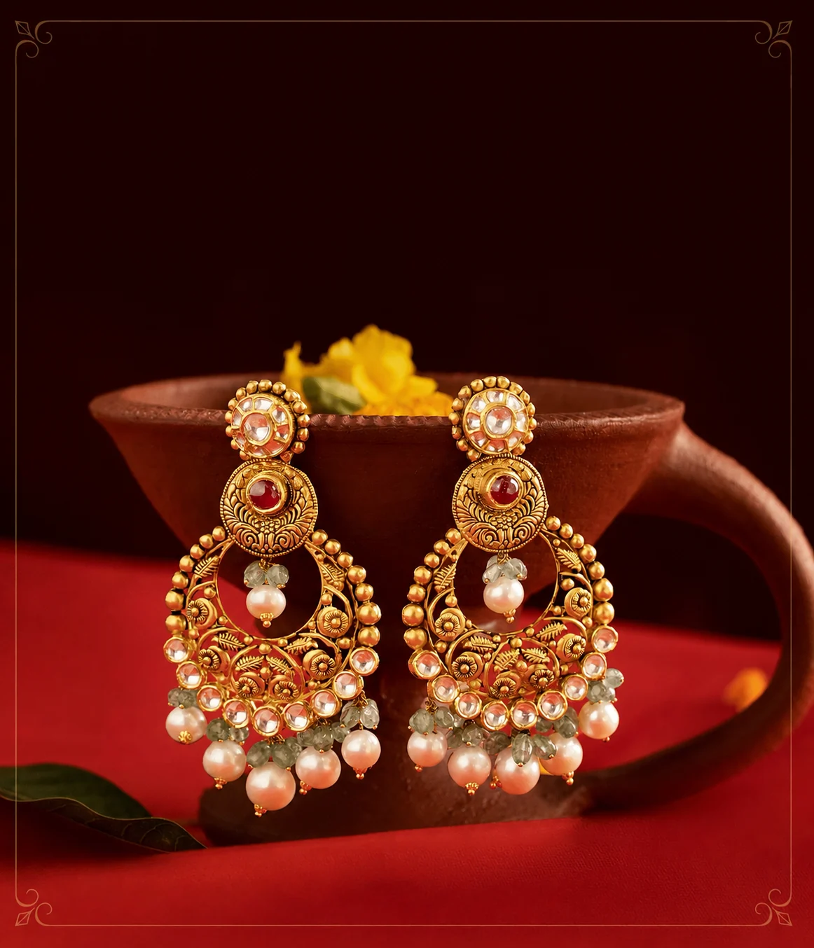 Gold chandbali earrings with pearl drops resting on an earthen bowl