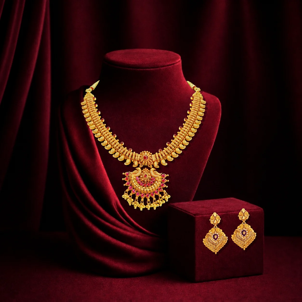 Gold necklace with matching earrings set displayed on a maroon velvet bust